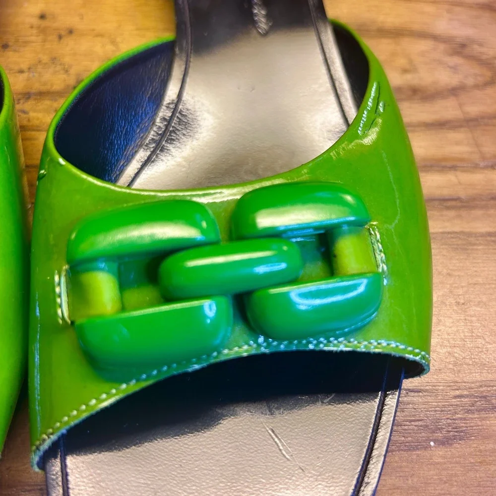 Robert Clergerie wmn 8.5 Green Patent‎ Leather Chain vtg Y2K kitten heel sandals